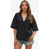 Imily Bela Blusenshirt Damen mit tirfem V-Ausschnitt Knopfleiste Brusttaschen Halbarm (Packung, 1-tlg., 1per-Pack) Schultern überlappend in Unifarbe