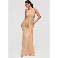 OMBRE Abendkleid Maxikleid Figurbetont Abendmode Beige S (kein Set, 1-tlg) Drapierter, vertikaler Einsatz, modellierende Raffung im Mittelteil un