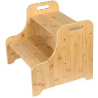 JEOBEST Tritthocker Zweistufiger Tritthocker aus Bambus, Kindertreppchen Schemel, Toilettenhocker, 2 Stufen, rutschfest, mit 2 Griffen