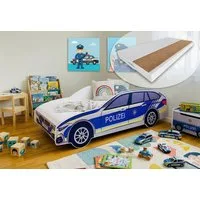 Kids Collective Autobett Kinderbett Jugendbett Polizei 70x140, 80x160 cm mit Rausfallschutz, Polizeiauto Polizisten Kinderspielbett mit Kokos-Matratze 80x160 cm