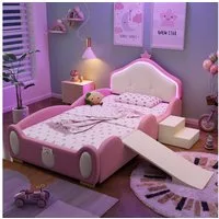 REDOM Kinderbett Polsterbett Bett (mit mehrfarbigem Multi-Mode-LED-Streifen, mit schützenden weichen Kanten, mit Holzlatten, mit kleiner Rutsche und Treppe), Mit Matratze
