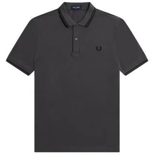 Schwarzes, graues Poloshirt mit Doppelstreifenkragen von Fred Perry
