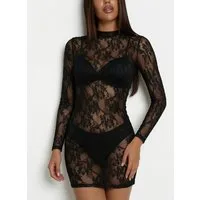 Elegant Love Spitzenkleid Transparentes Bodycon-Kleid – Sexy Langarm-Minikleid aus Spitze (Einzelteil) Langarm-Reizwäsche mit Stehkragen – Dessous