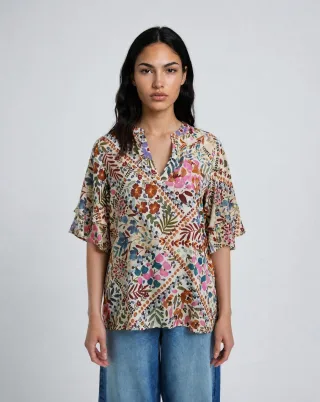 Smith&Soul - V-neck Blouse Short Volant Slv beige print - Gr. - XXL