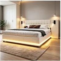 REDOM Polsterbett mit LED-Leiste & USB, Kopfteil mit Spotlicht (Leinen-Doppelbett, 180x200 cm), Inklusive Matratze