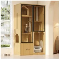 Flieks Katzenhaus Katzenvilla mit vierstockiger großer Katzenzaun, Tierhaus mit Kratzpfosten und Glastüren Katzenkäfig Holzoptik