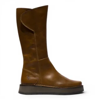 Fly London Damen beige Lederstiefel mit hohem Pull-On – RHEA042