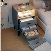 LVSOMT Nachttisch mit Geheimfach und LED, Drahtloses Laden, USB, Type-C (1-St., mit zwei Schubladen und einer versteckten Schublade), 40T x 45B x 65H, weiß/schwarz/grau