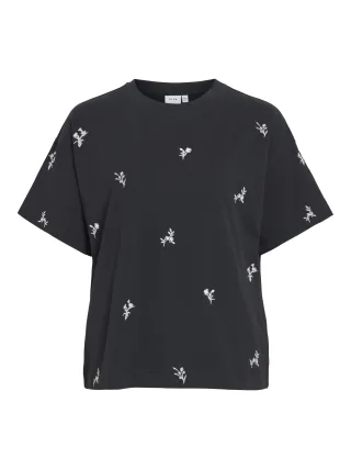 VILA - VIMONIE FLOWER EMB S/S O-NECK/RN/1 Black Beauty - Gr. - M