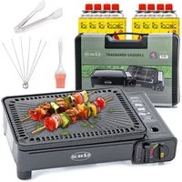 TruWare Camping-Gasgrill für Kartuschen und Gasflaschen Camping Gaskocher mit Rost, Grillplatte + Schaschlikspieße, Campinggrill mit 8 Gaskartuschen
