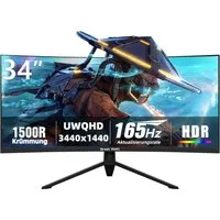 Great Voell 34-Zoll-Curved-Gaming-Monitor, 4K, 165 Hz, PIP/PBP, 1500R, HDR10 Gaming-Monitor (86,36 cm/34 ", 3440 x 1440 px, UWQHD, 1 ms Reaktionszeit, 165 Hz, VA LED, HDR, Ultraweit gebogener Gaming & Home Office Monitor, 127% sRGB)