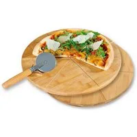 KESPER® Pizzaschneidebrett Pizza-Teller 2er-Set ø 32 cm Pizzabrett mit Pizza-Schneider, rund, Bambus, Edelstahl