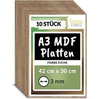 Creative Deco Bastelnaturmaterial A3 MDF Platten, 420 x 300 x 3 mm, Dünne Holz-Platten, (10-tlg), Perfekt für Laser, CNC Router, Modellierung, Laubsäge