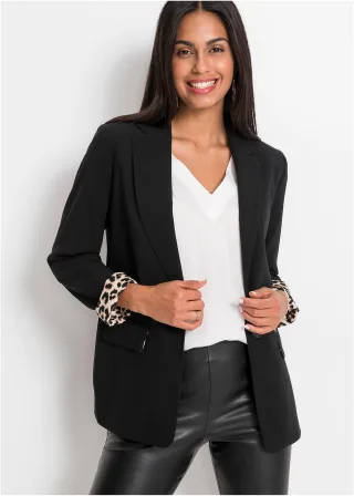 bonprix Longblazer aus fließendem Viskose-Mix, schwarz, Gr.52, Moderner langer Blazer mit Knopfverschluss und Turn-up sowie bedrucktem Futter