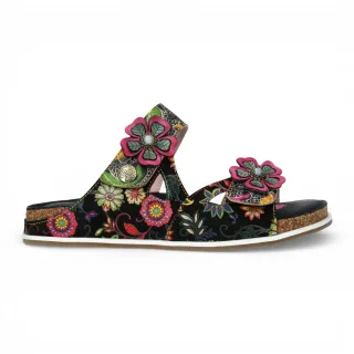 Laura Vita Damen-Sandalen Brcyano 32, schwarz, mit Blumenmuster, aus Leder, Riemchen