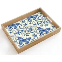 OnlyWow Tablett Rechteckig mit Henkel Schmetterlinge - Blumen - Blau - Botanisch, Eichenholz, (1-tlg), Siervierplatte, Tray, Frühstücksbrett