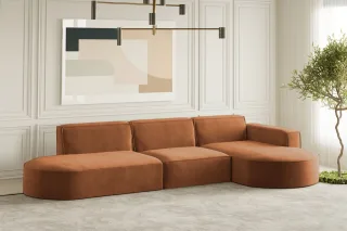 Ecksofa Designersofa PALMA in Stoff Noel Ziegelrot Ottomane Rechts