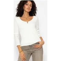 SASSYCLASSY Longshirt Geripptes Langarmshirt Damen mit V-Ausschnitt Shirt mit V-Detail Elegant Figurbetonte Passform Weiß Schwarz Grau