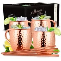 Vezato Cocktailglas 4 Moscow-Mule-Becher [500ml] – 4er Set Kupferbecher gehämmert -, Mit Strohhalmen, handgefertigt, rostfrei, für Cocktails