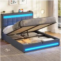 MSMASK Polsterbett Jugendbett mit LED Beleuchtung und Ladestation, Hydraulisches Bett (Ohne Matratze), mit Höhenverstellbares Kopfteil und Stauraum