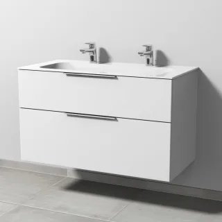 Sanipa 3way Keramik-Set Finion Keramik-Doppelwaschtisch und Unterbau mit 2 Auszügen, Weiß-Soft UM40343