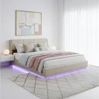 en.casa Polsterbett, »Tröstiar« mit LED-Beleuchtung Bettkasten Leinen 180 x 200 cm Beige