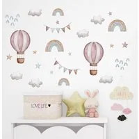 Montegoni Wandsticker Aquarell Rosa ballon & Regenbogen Wandaufkleber – Dekorative Wolken, geeignet für Kinderzimmer, Babyzimmer, Wohnraum Dekoaufkleber