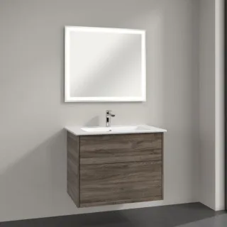 Villeroy & Boch Finero Badmöbel Set 80 cm Stone Oak Waschtisch mit Waschtischunterschrank und Spiegel