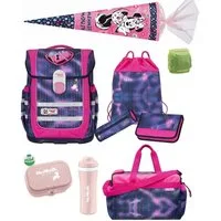 McNeill Schulranzen Ergo Complete "Pearl" Mädchen Schultasche Lila Pink ab der 1. Klasse (Set, 10-tlg., inkl. Sporttasche und Schultüte Disney Minnie Maus Motiv), ergonomisch, mit Brustgurt, verstellbar - wächst mit dem Kind mit