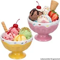 MamboCat Eisschale MamboCat 2er Set Eisbecher Sunny auf Fuß Rosa Gelb Ø12,5cm Obstschale, Steingut