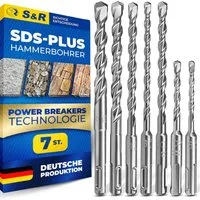 S&R Hammerbohrer Betonbohrer SDS Plus in Industriequalität Made in Germany, (Set, 7-teilig. SDS Plus 5,6,8/6,8,10,12 mm), Power Breakers Technologie, Premium Bohrer für Beton, Granit, Stein