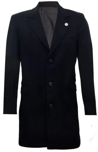 Langer Slim-Fit-Mantel aus schwarzer Wolle für Herren