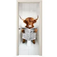 MuchoWow Türtapete Scottish Highlander - Zeitung - WC - Tier, Matt, bedruckt, (1 St), Selbstklebende Tapete, Folie für Möbel, 75x205 cm