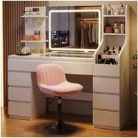 HOMALL Schminktisch Dreifarbiger, LED-beleuchteter Schminktisch Extra großer Stauraum (Maße: 135 × 40 × 137 cm, Arbeitsplatte aus gehärtetem Glas, mit 7 offenen Ablagefächern + 9 Schubladen, 2 Steckdosen + 1 USB-Anschluss + 1 Typ-C-Anschluss, Halteru