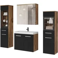 welltime Badmöbel-Set MADRIT II, Schrank mit Waschbecken, 2 Hänger, Spiegelschrank, (Komplett-Set, 5-St), Hängende Badmöbel mit Glaseinsätzen – in vielen Farben erhältlich