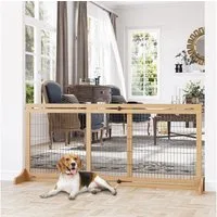 PawHut Hundegitter Hunde Absperrgitter aus Holz mit Fußstütze (Schutzgitter, 1 St., Kamingitter), für Ofen, Naturholz, 104-180 x 36 x 69 cm