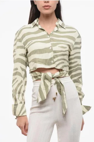 Kurzes Hemd mit Animal-Muster und Knotendetail in Beige, Verde