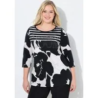Ulla Popken Longsleeve Shirt Blüten Ziersteine U-Boot-Ausschnitt 3/4-Arm