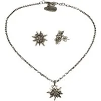 Alpenflüstern Ketten-Set Trachtenschmuck-Set Trachtenkette und Ohrstecker Strass-Edelweiß klein (antik-silber-farben), - Damen-Trachten-Schmuck, Trachtenset Dirndl-Kette und Trachten-Ohrringe