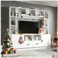 KLAM HOME Wohnwand Moderne Weiße Wohnwand Mit 2 Schränken Und 11 Fächern, (TV Board Mediawand Set Für Fernseher Bis 60 Zoll), Praktische Anbauwand Mit Vitrine Und Großem Stauraum