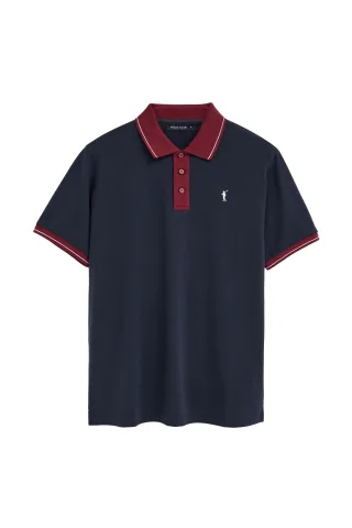 Poloshirt marineblau mit Details in Kontrastfarbe und Rigby Go Stickerei