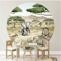 K&L Wall Art Fototapete Kikki Belle - Die Savanne, Vliestapete, rund, Zoo Dschungel Tiere, große Kinder Motivtapete