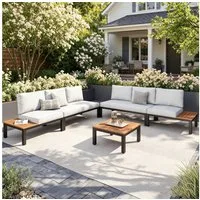 PHI VILLA Gartenlounge-Set, (Balkonmöbel Outdoor Ecksofa, Metall Gartenmöbel Set), Außen Gartensofa Wetterfest mit Couchtisch und Kissen, Beige-Grau