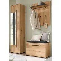 Furn.Design Garderoben-Set Design-D, (Komplett-Set 4-teilig in Evoke Eiche Dekor, Garderobe 140 x 200 cm), mit Sitzkissen, großem Spiegel und 10 Fächern