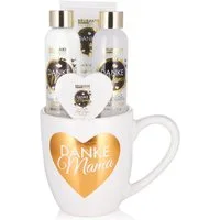 BRUBAKER Pflege-Geschenkset Danke Mama - Dusch- und Badeset mit Rosen Vanille Duft, 5-tlg., Mutter Geschenkset in Kaffeetasse mit Herz Dekor - Weiß Gold