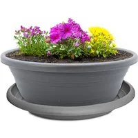 matches21 HOME & HOBBY Blumentopf Pflanzkübel mit Untersetzer 25 cm Pflanzschale für aussen grau (1 St), Wetterfester Blumenkübel als runder Grabschmuck Blumentopf