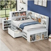 Odikalo Kinderbett Einzelbett 90x200 140x200 mit Stauraum (Kinderbett, 90x200 cm / 140x200 cm, Einzelbett, multifunktionales Kinderbett mit Schubladen, Bücherregal und Stauschrank, großer Stauraum, Lattenrost, ohne Matratze, weiß)