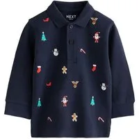 Next Langarm-Poloshirt Langarm-Poloshirt mit weihnachtlicher Stickerei (1-tlg)