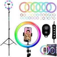TronicXL Ringlicht RGB LED Ringlicht mit 210cm Stativ + Auslöser Smartphone Halterung, Tripod Ring Light Selfie Bluetooth Selbstauslöser Handy