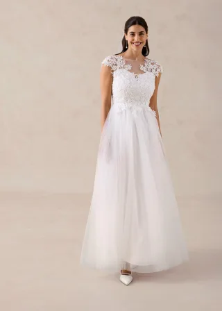 bonprix Brautkleid aus zartem Tüll mit Spitze, weiß, Gr.42, Romantisch und feminin: Brautkleid aus zartem Tüll mit Spitze im Oberteil und Mini-Ärmel